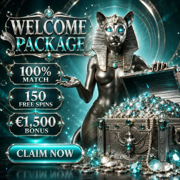 Dea felina che presenta il forziere del tesoro del login Winaura Casino con bonus di benvenuto scintillanti
