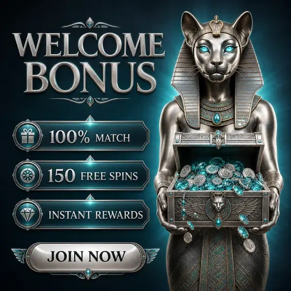 Dea felina che presenta il forziere del tesoro del bonus di benvenuto al Welcome Package and Instant Rewards Casino