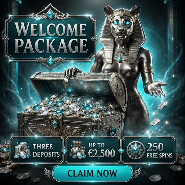 Dea felina rivela il forziere del Welcome Package al portale luminoso dell'app mobile