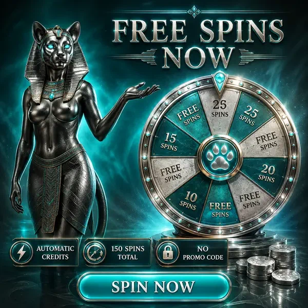 Ruota dei giri gratuiti luminosa al Winaura Casino mentre la dea felina accoglie i nuovi giocatori