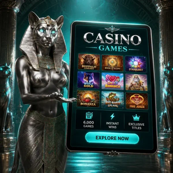 Felino argentato sereno che presenta la vasta collezione di giochi di Winaura Casino su schermo tablet luminoso