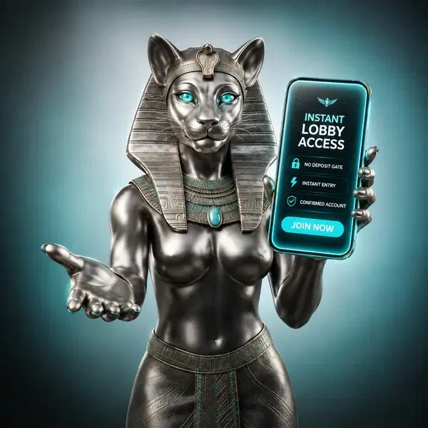 Dea argentata che presenta smartphone con accesso istantaneo alla lobby al portale di registrazione Winaura