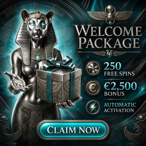 Dea gatto argentata che presenta scatola regalo di giri gratuiti al Welcome Free Spins Package Breakdown