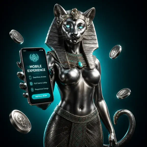 Felino argentato regale esamina l'interfaccia dell'app mobile Winaura con focus sereno e gettoni fluttuanti